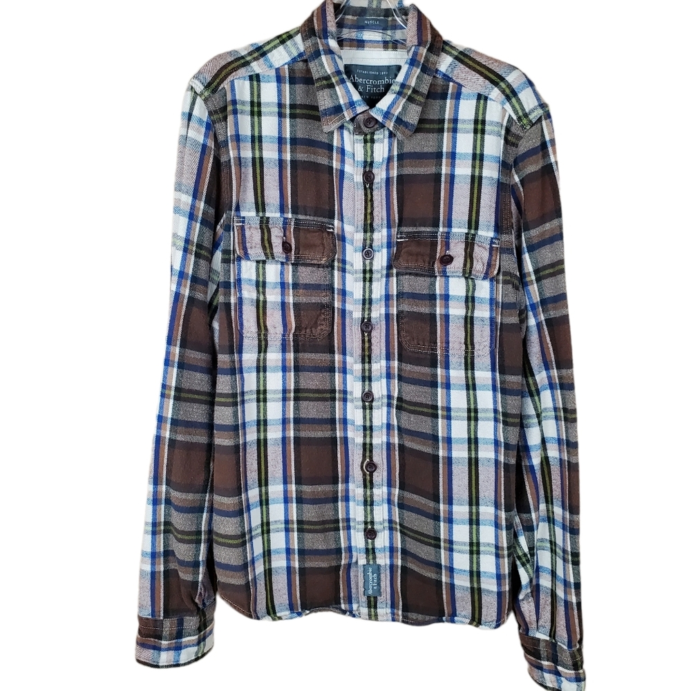 Abercrombie & Fitch Brown Multi Plaid Button Up Long Sleeve Shacket